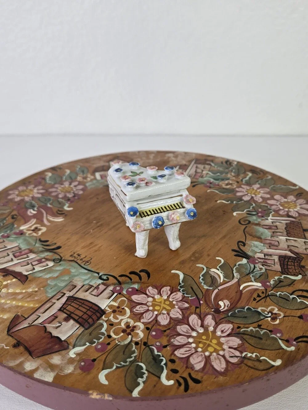 VTG Porcelain Piano Trinket Box Hand Painted Floral Japan Miniature Jewelry Doll